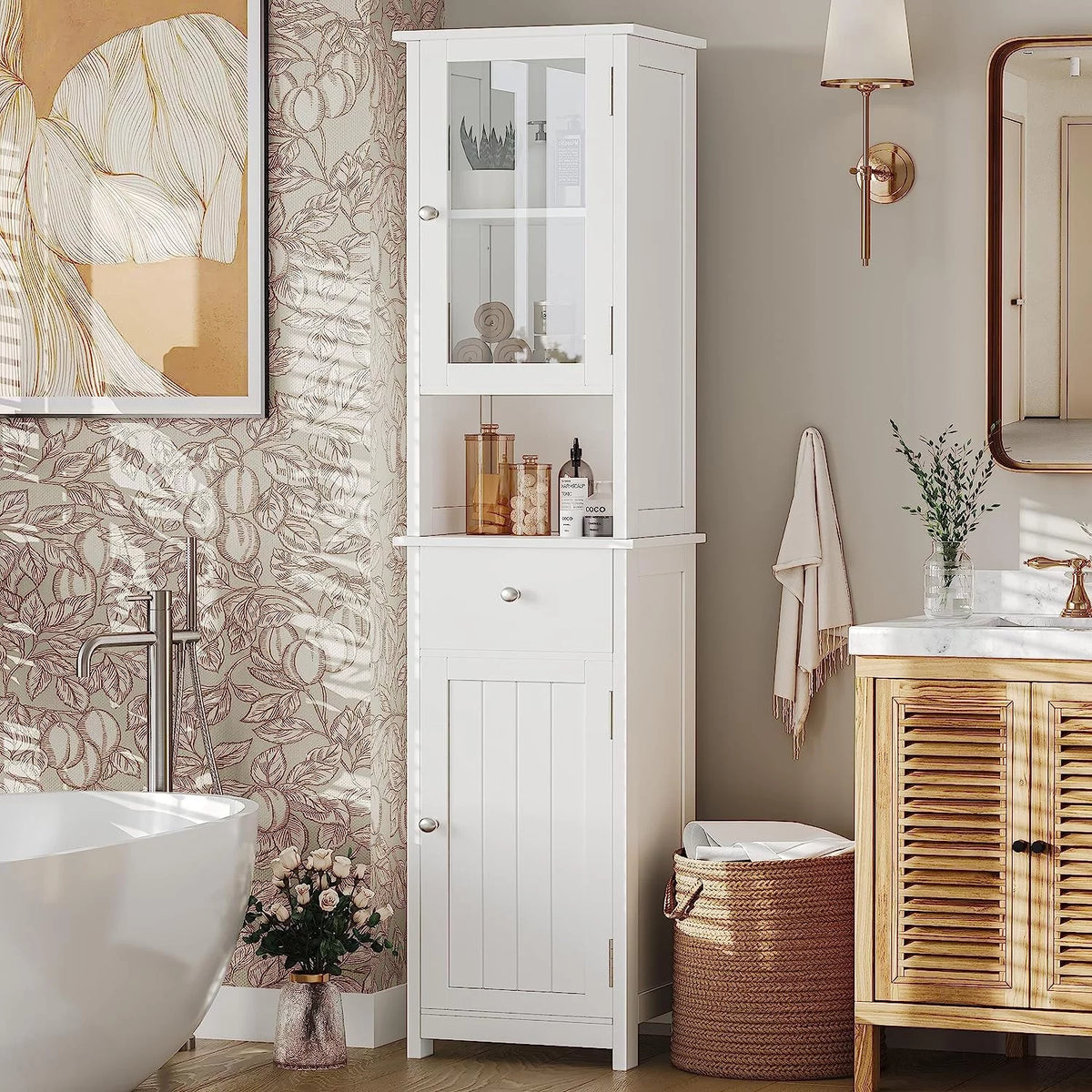 White Tall Bathroom Floor Cabinet with Glass Doors K144904