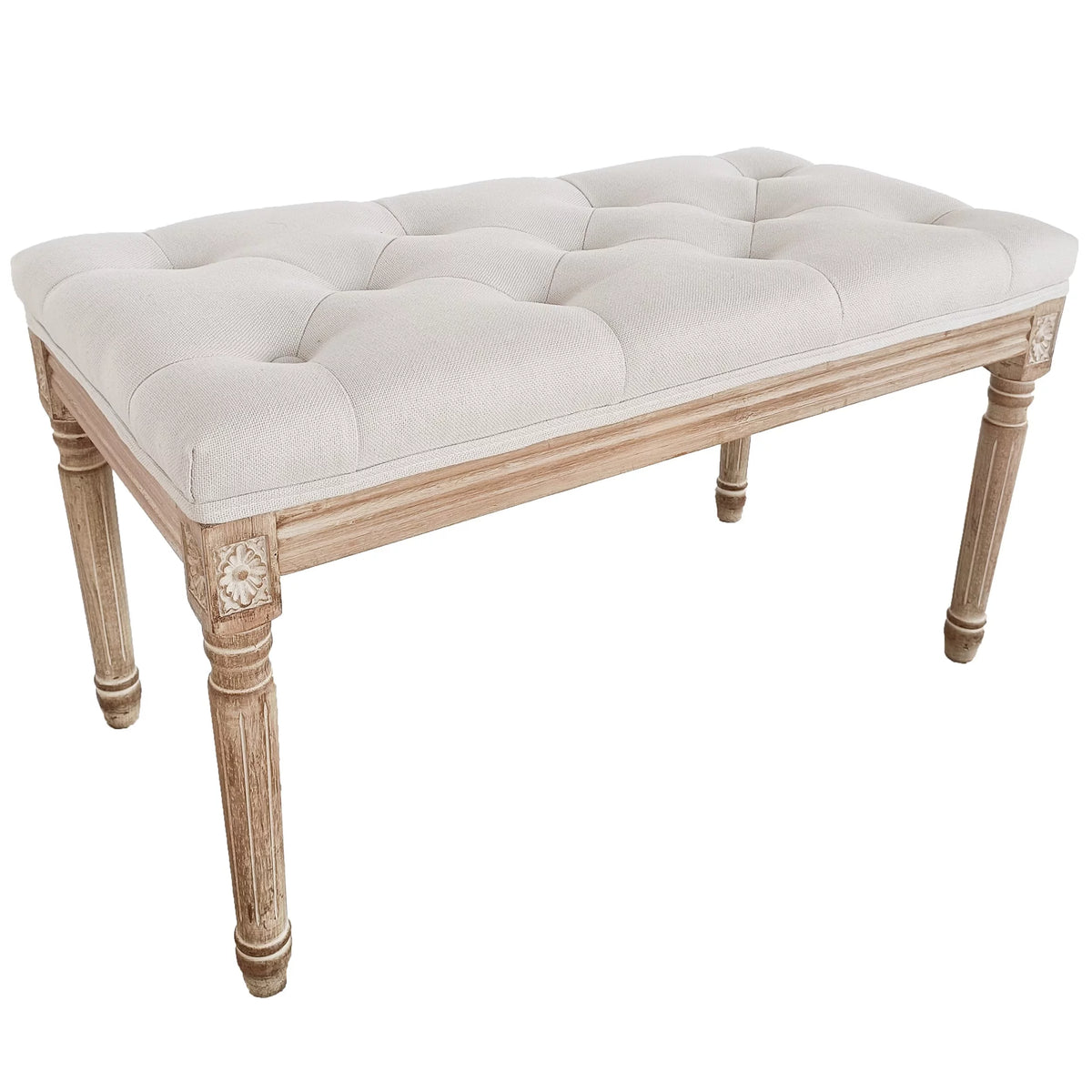 Beige Upholstered Bench with Carved Wood Legs I183838