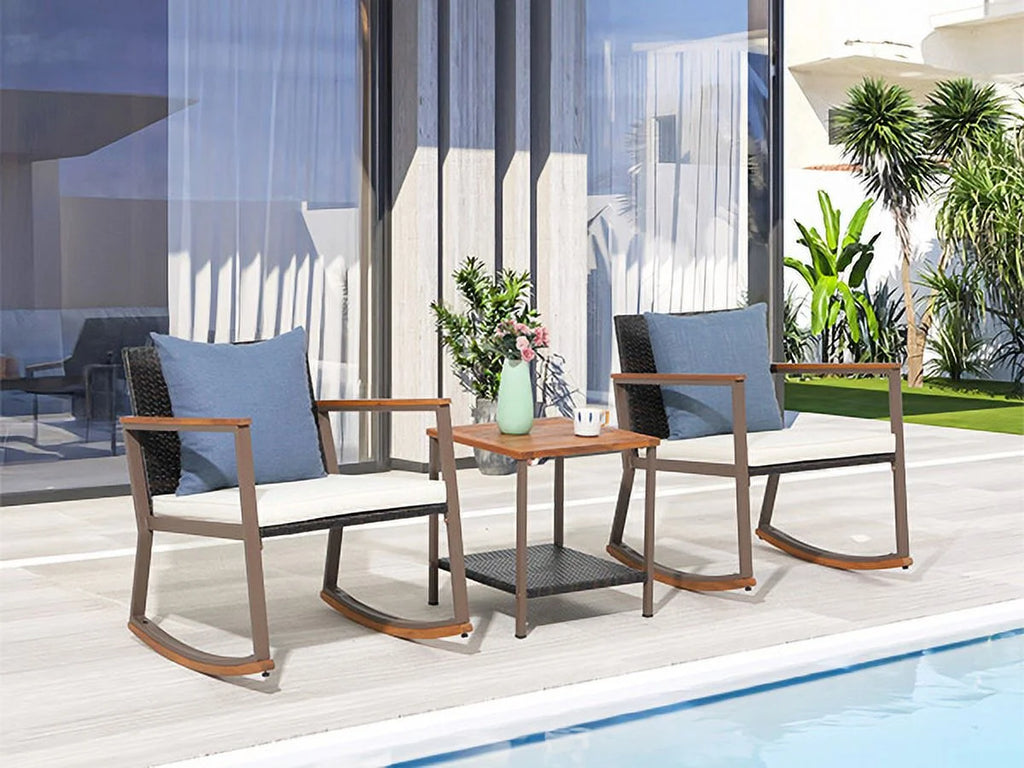 3 Piece Wicker Patio Bistro Set with Coffee Table and Cushions Y787410