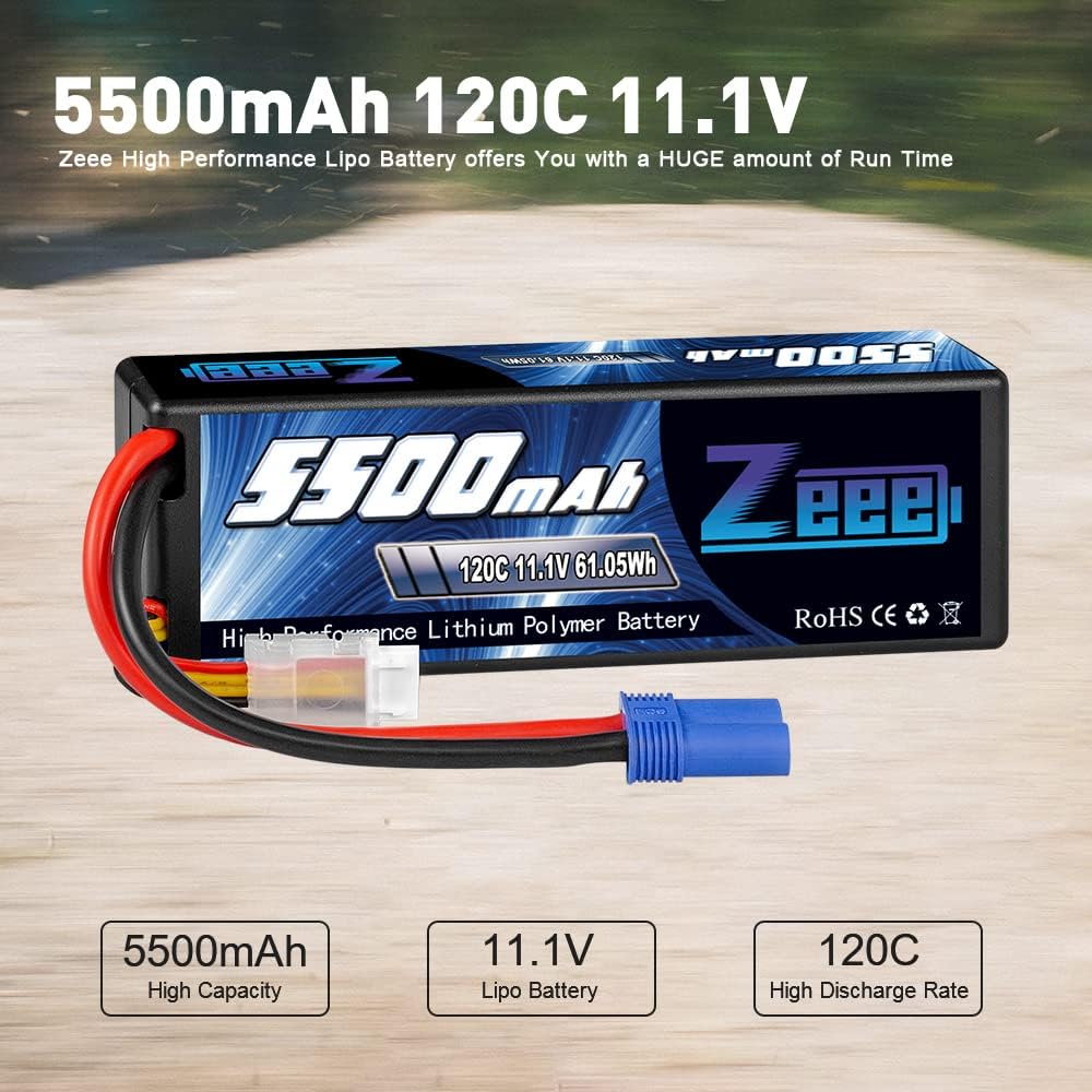 3S Lipo Battery 5500mAh 11.1V 120C Hard Case with EC5 Connector 2 Pack Q189