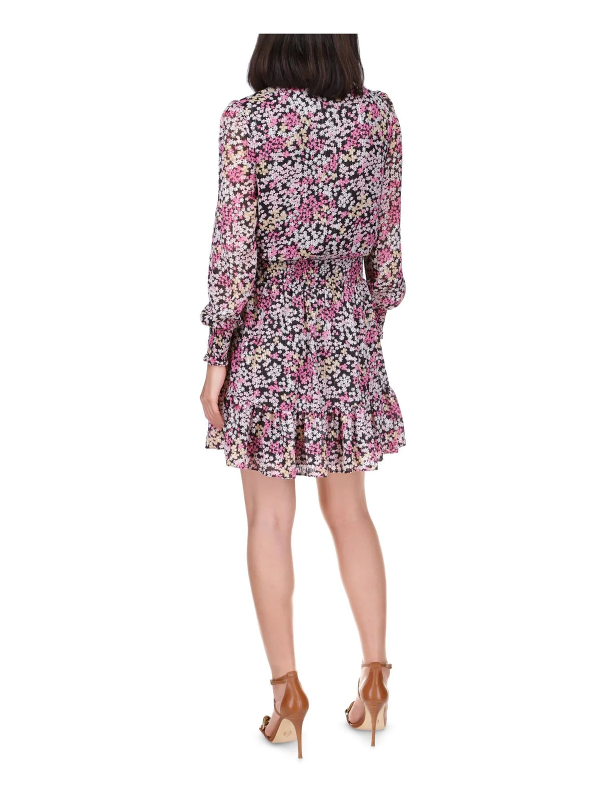 Black Smocked Ruffled Floral Long Sleeve Surplice Neckline Faux Wrap Dress X4167