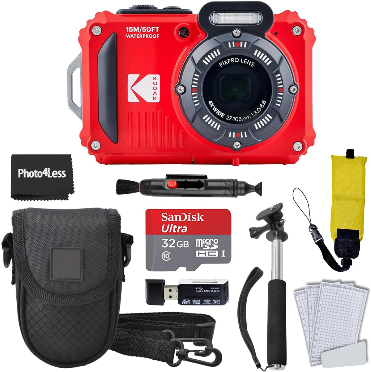 Red Rugged Waterproof Digital Camera with Case, Monopod, Card Reader (9 Items) J883