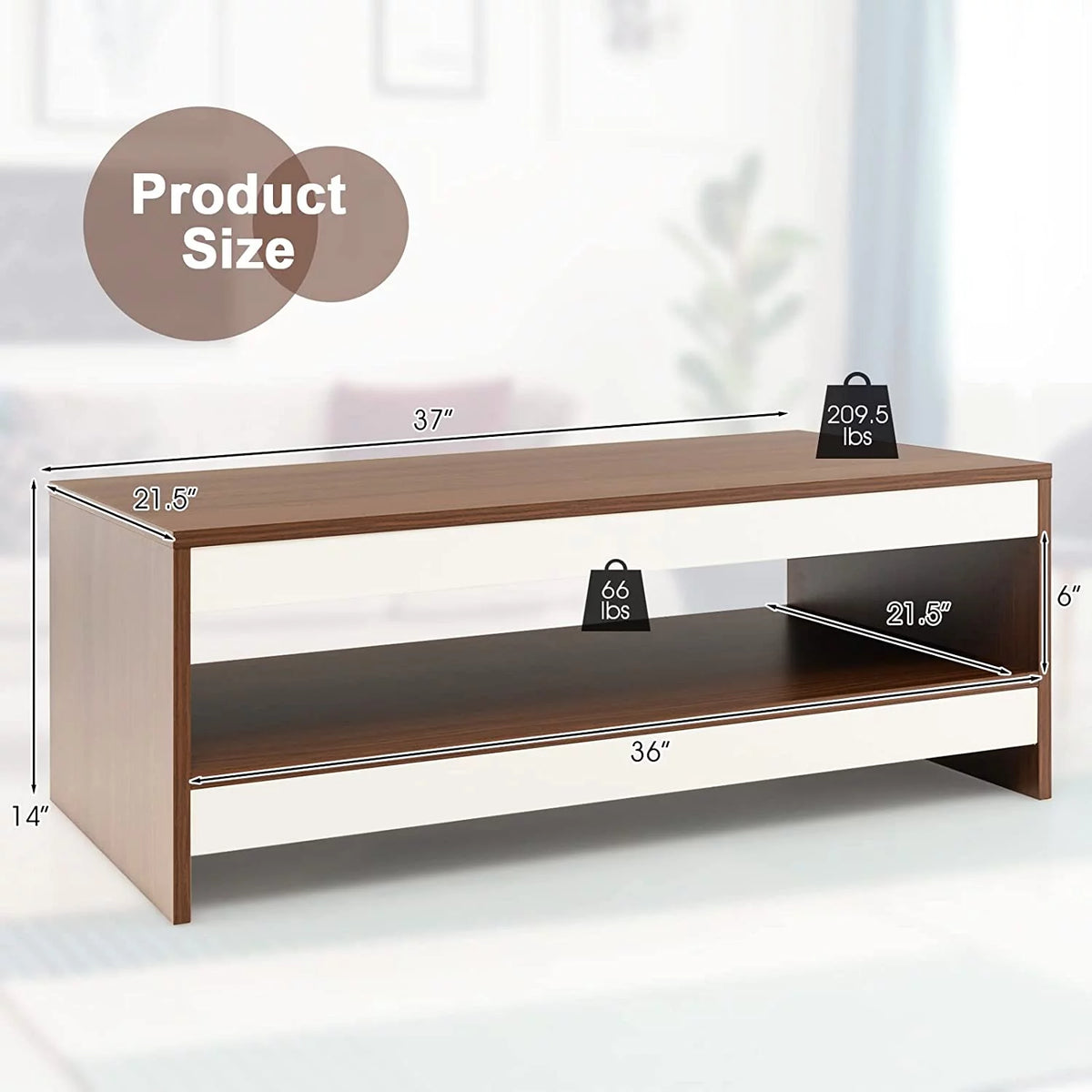 37 Inch Two-Tier Wooden Coffee Table with Storage Shelf E6038