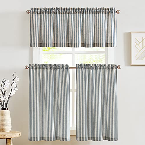 Blue on Beige Linen Kitchen Curtains Set 3 Pieces P730