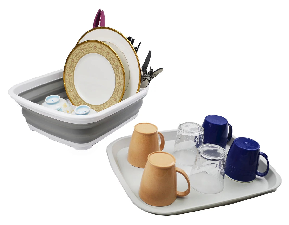 Collapsible Plastic Tub and Dish Drainer Set E298097