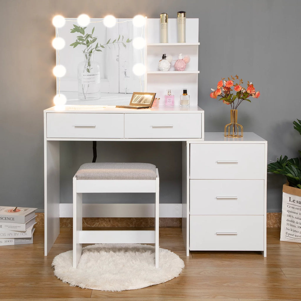 Large Vanity Set with 10 LED Lights, 3-Drawer Chest, Cushioned Stool, White E603122