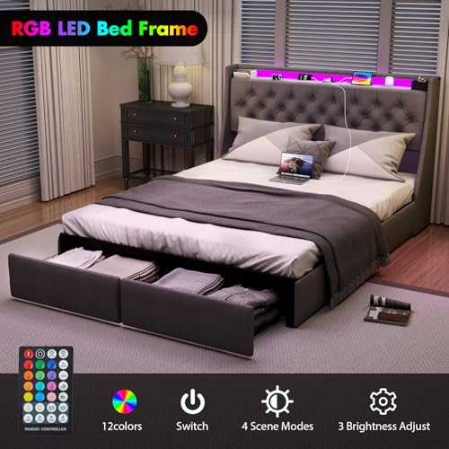 Gray Full Size Upholstered Bed Frame with 4 Storage Drawers and LED Lights N55373