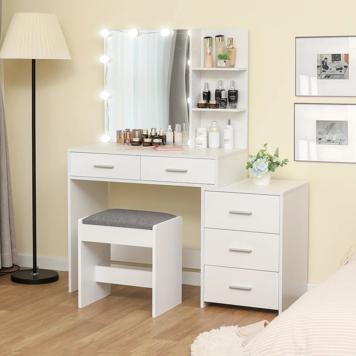 Large Vanity Set with 10 LED Lights, 3-Drawer Chest, Cushioned Stool, White E603122