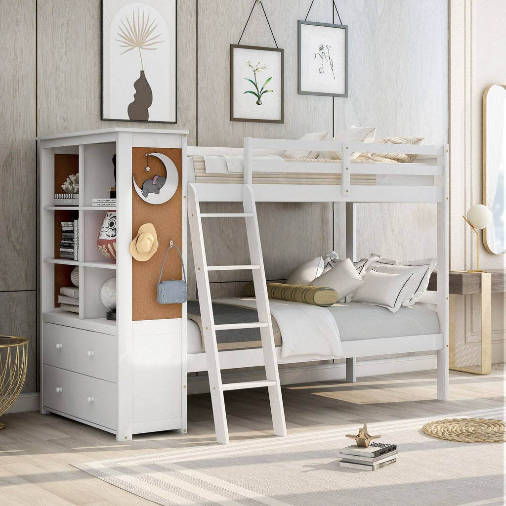 White Twin Over Twin Bunk Bed with Bookcase and 2 Drawers G8698