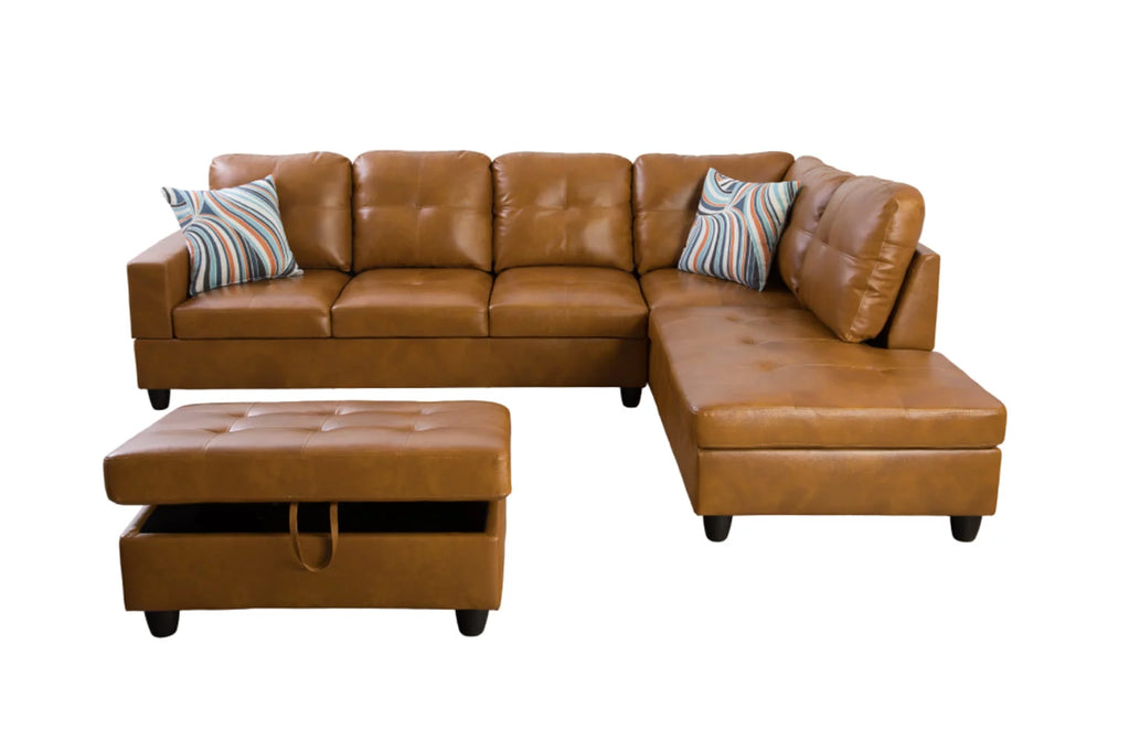 Ginger Leather Sectional Sofa Set with Storage Ottoman G7685