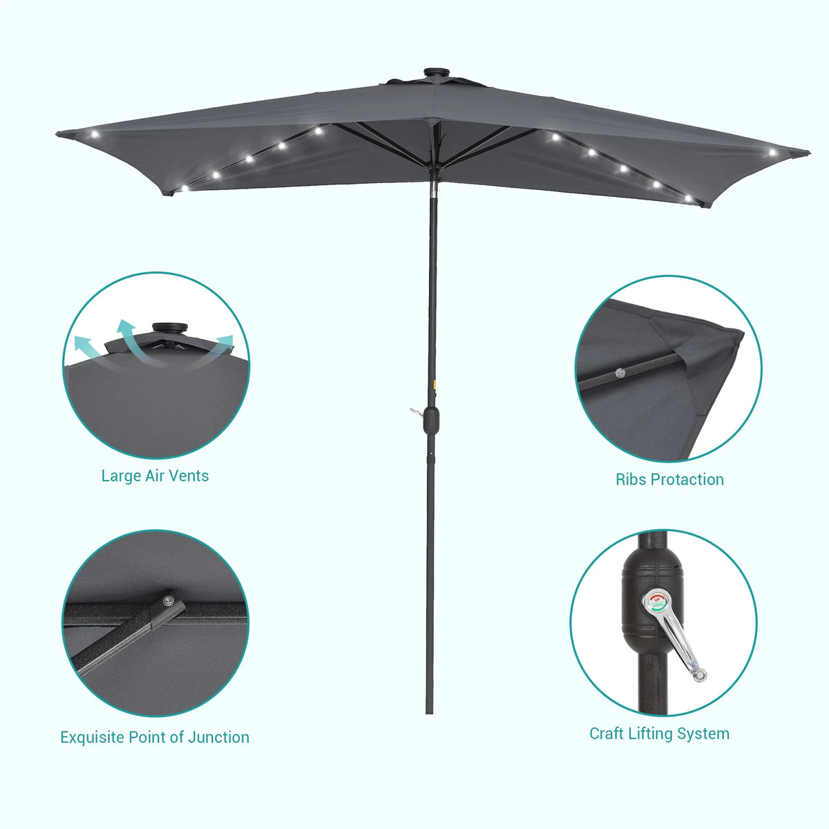 10 x 6.5ft LED Solar Patio Umbrella with Non-Fading Canopy J974