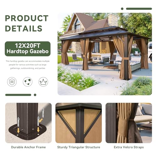 12'x10' Aluminum Hardtop Gazebo with Curtains and Netting Q259