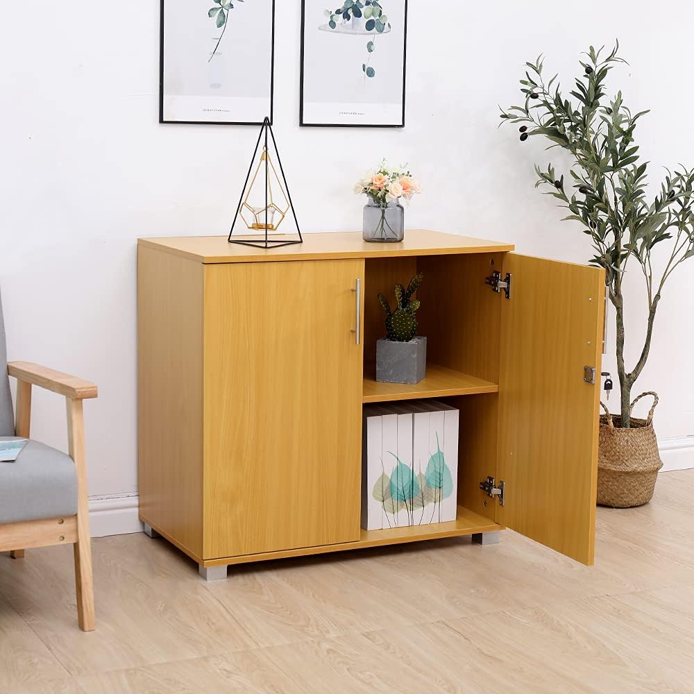 Beech Storage Cabinet 2 Door Locking Cupboard Bookcase O68485