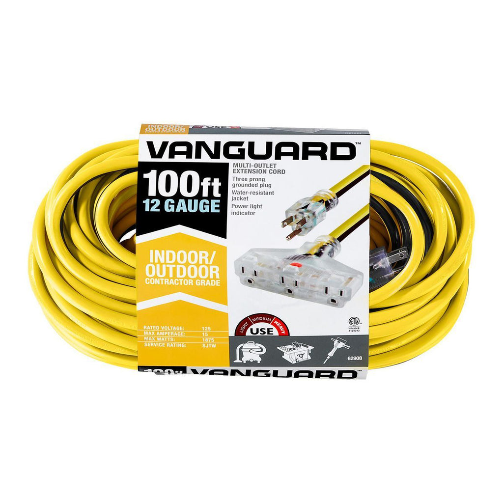 100 ft. 12/3 Gauge Multiple Outlet Extension Cord with Indicator Light, Yellow, Black O678