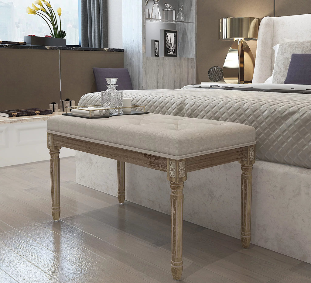 Beige Upholstered Bench with Carved Wood Legs I183838