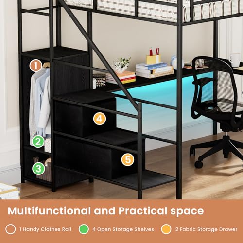 Full Size Black Metal Loft Bed with Desk and Stairs R910491