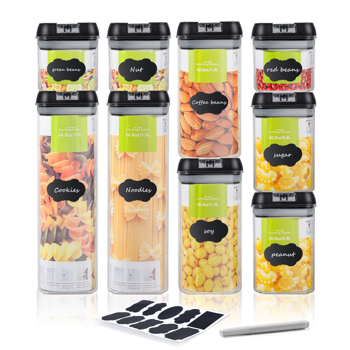 9 Pc Clear Plastic Airtight Food Container Set with Black Lid V27810