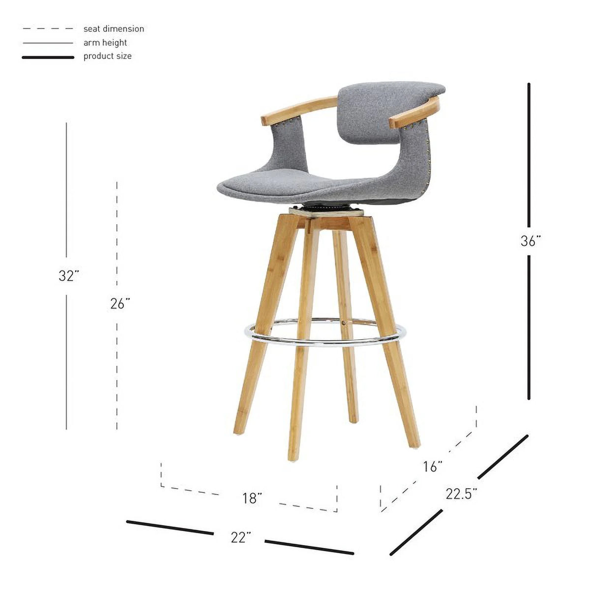 26" Fabric Bamboo Counter Stool in Gray/Natural W129