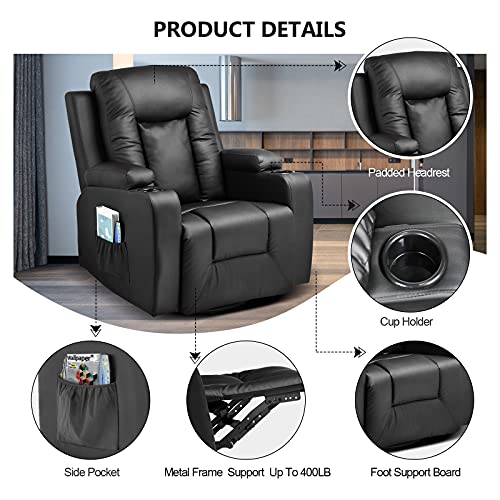 Black Swivel Rocker Recliner Chair with Cup Holders K28346