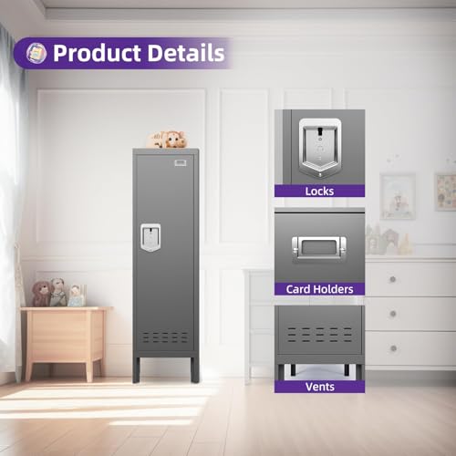 Metal Locker with 5 Doors, 66'' Steel Storage Cabinet with Hooks, Card Slots N3975