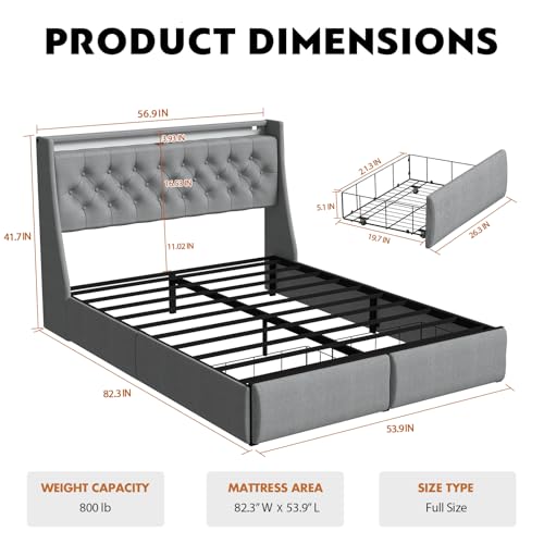 Gray Full Size Upholstered Bed Frame with 4 Storage Drawers and LED Lights N55373