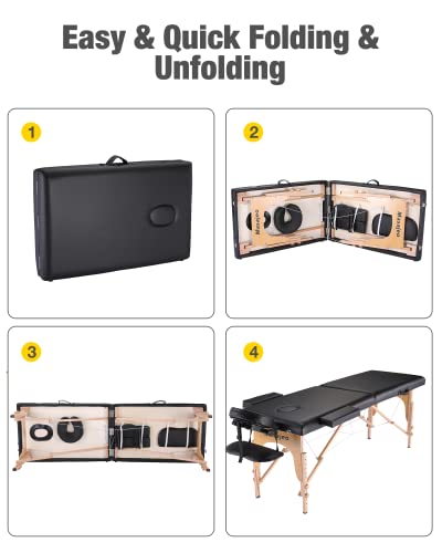 Portable Massage Table Wooden Frame Height Adjustment Black 3-Section T5266