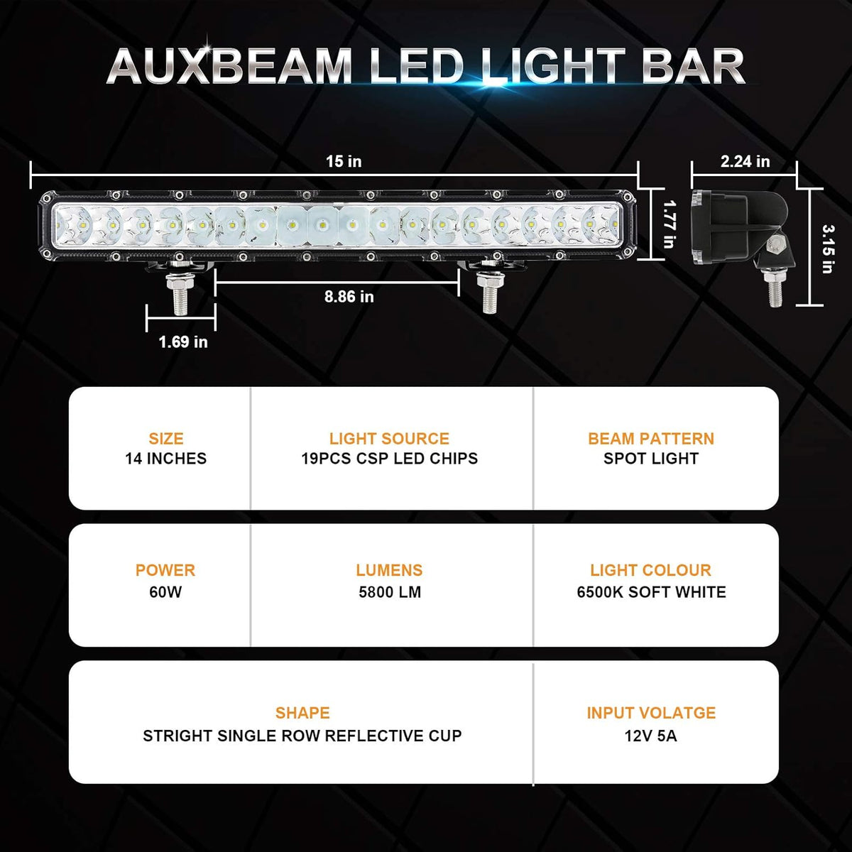 14 Inch 60W Single Row LED Light Bar Pack of 2 O62866