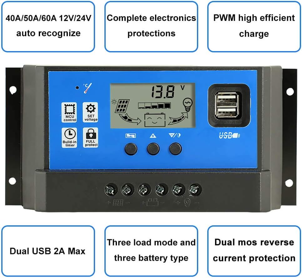 60A Solar Panel Charge Controller 12V 24V LCD Display Dual USB B9162