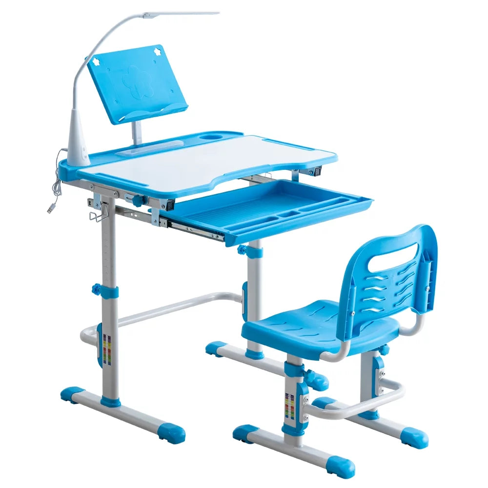 Height Adjustable Wood Kids Desk and Chair Set with Led Light and Bookstand S57254