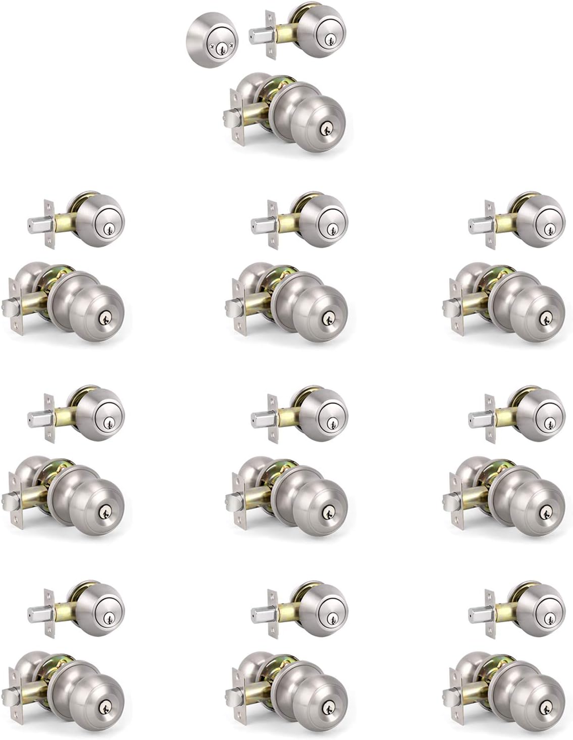 10 Sets Keyed Alike Door Handleset with Deadbolt, Satin Nickel Entry Door Knob with Double Cylinder Deadbolt J28886