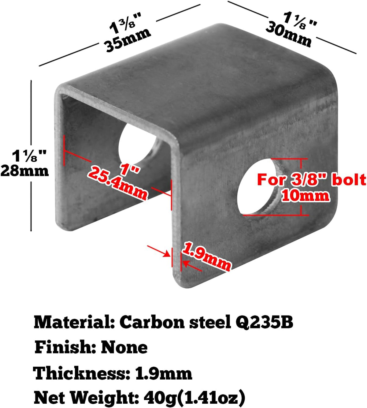 20 Pcs Weldable U Bracket with 2 Holes, Stamped Carbon Steel, Thickness 1.9 mm Y785360
