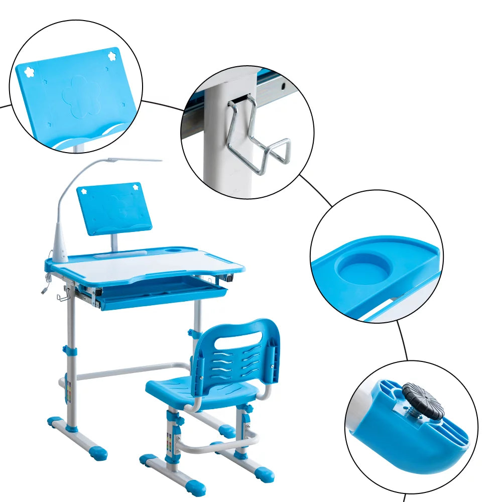 Height Adjustable Wood Kids Desk and Chair Set with Led Light and Bookstand S57254