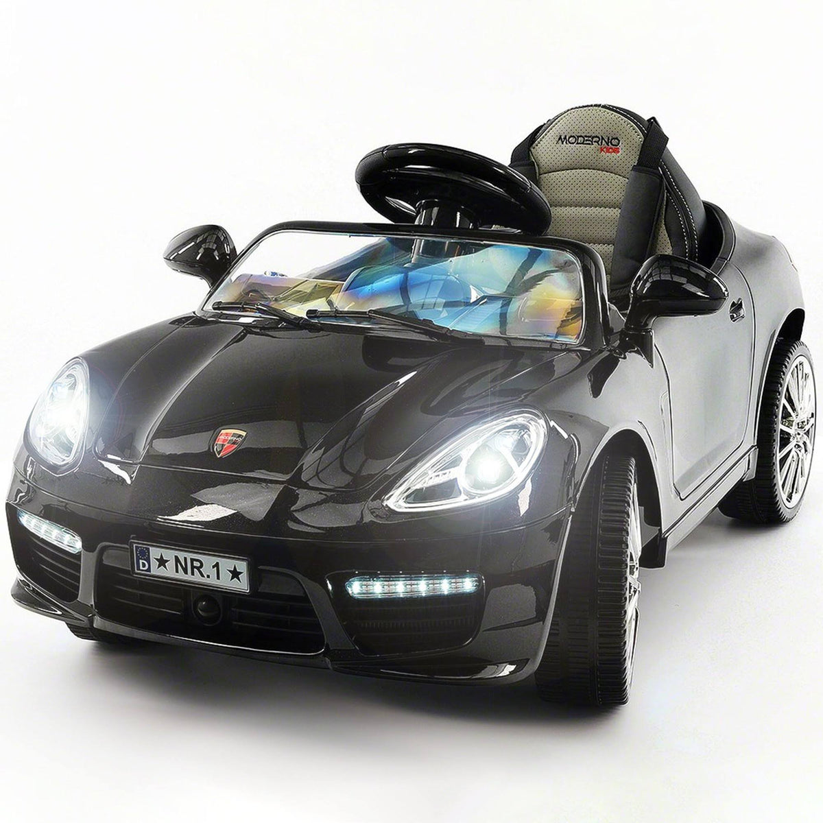 12V Kids Ride on Car with Dining Table, Leather Seat, LED Lights, Black Y314