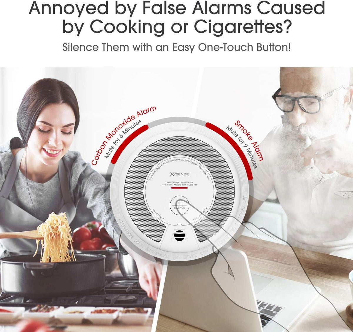 2-in-1 Smoke and Carbon Monoxide Detector Alarm, 10-Year Battery-Operated Dual Sensor, Pack of 3 I477