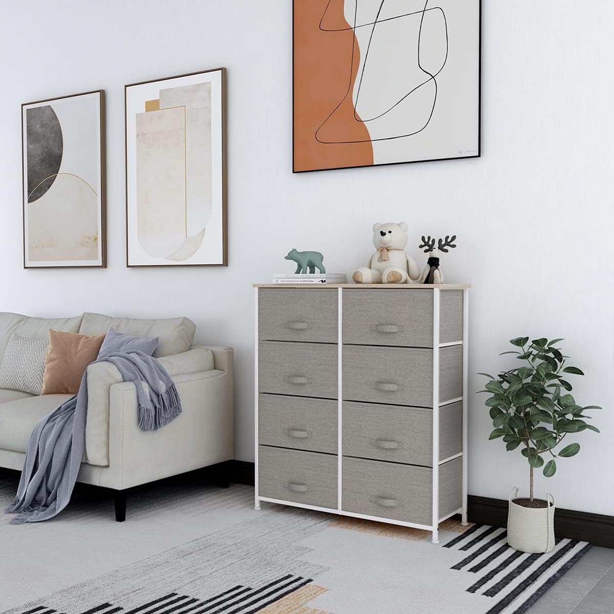 Light grey 8 Drawer Fabric Dresser with Steel Frame and Wooden Top T72017