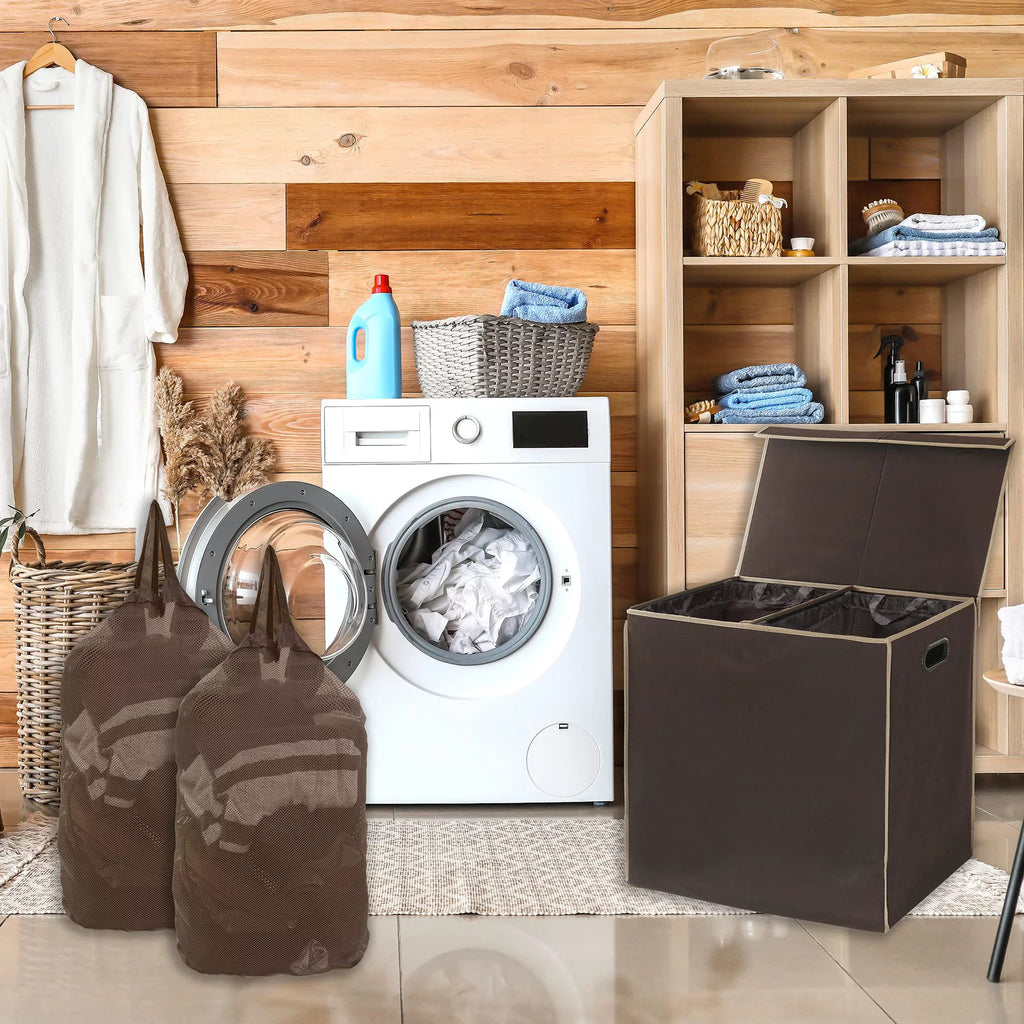 Brown Double Laundry Hamper with Lid and Removable Bags E3776