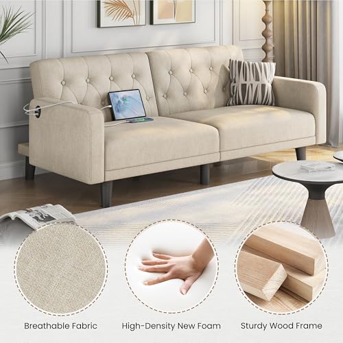 Beige Convertible Sofa Bed with USB Q129589