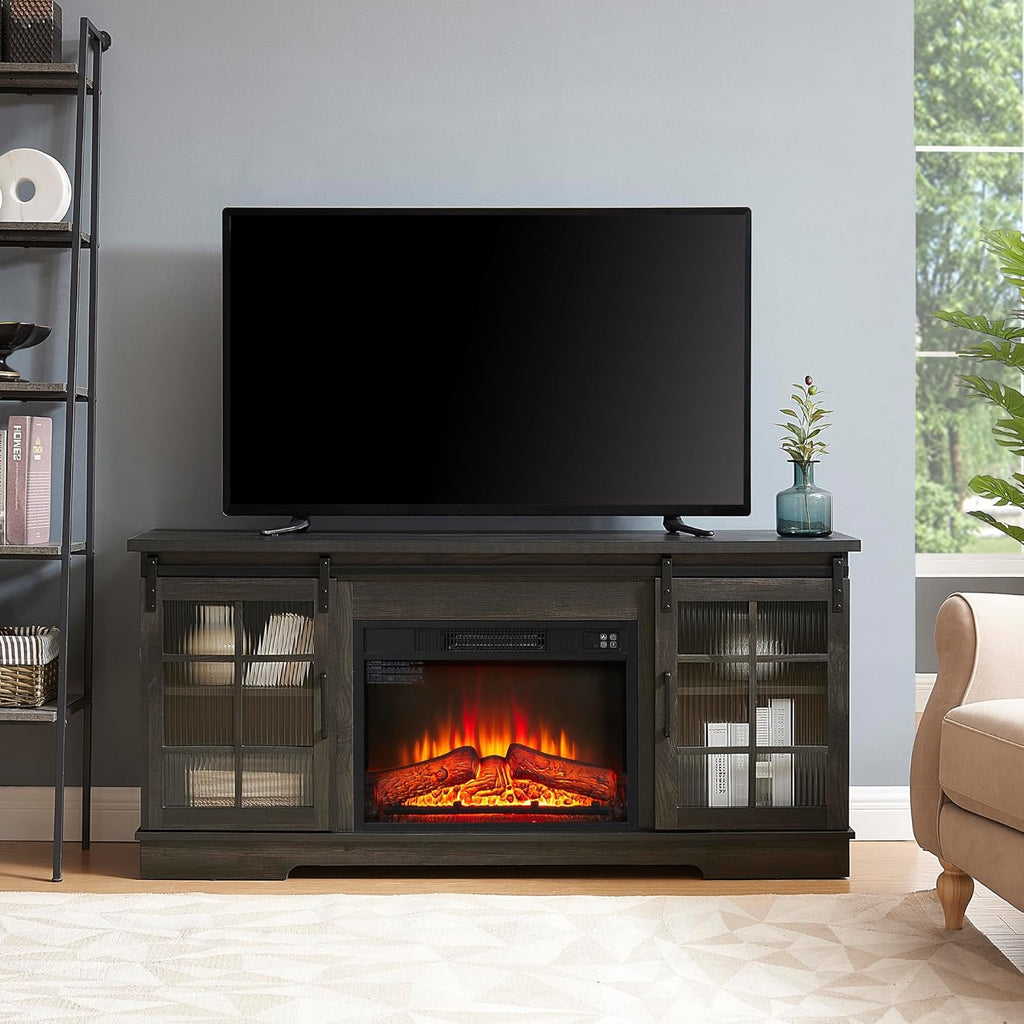 Charcoal Grey Fireplace TV Stand with Storage Drawers and Sliding Door M5762