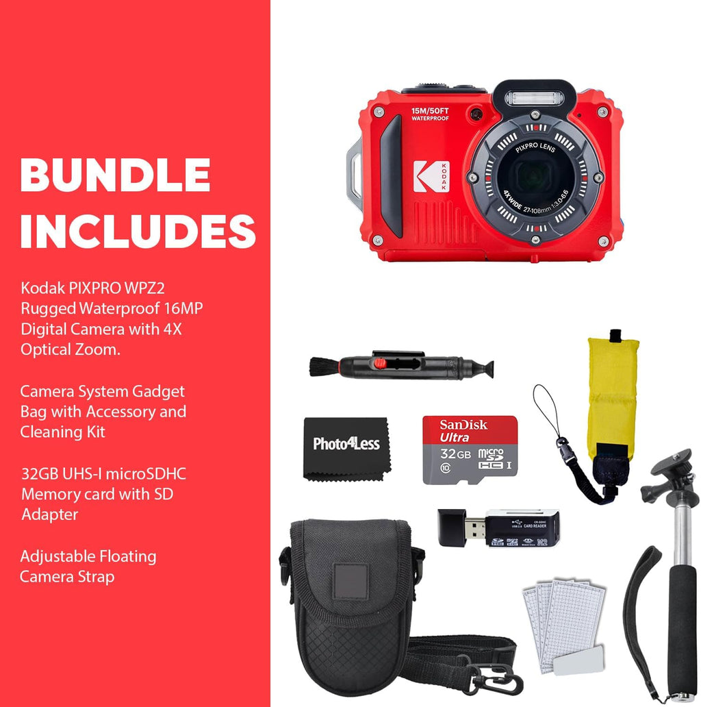 Red Rugged Waterproof Digital Camera with Case, Monopod, Card Reader (9 Items) J883