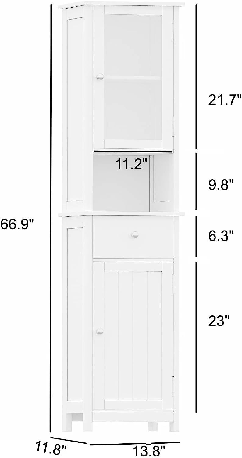 White Tall Bathroom Floor Cabinet with Glass Doors K144904