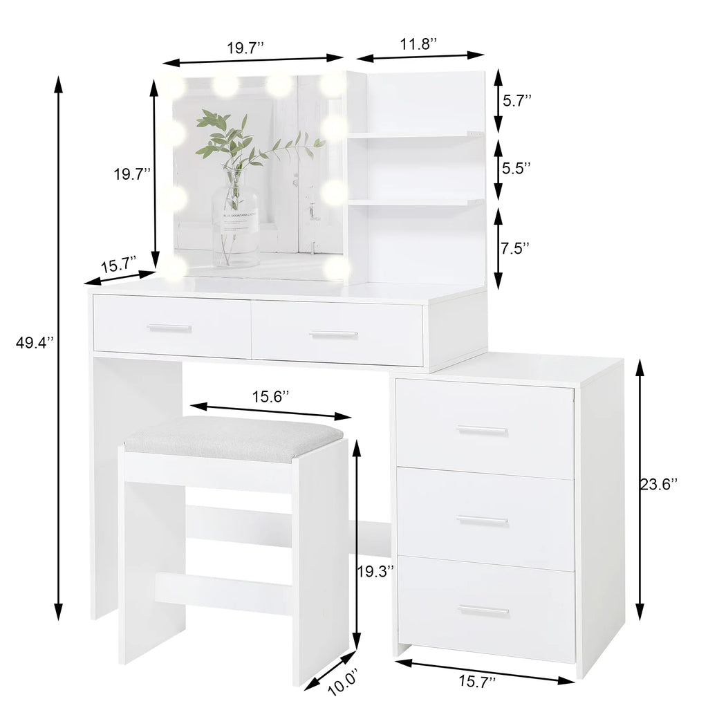 Large Vanity Set with 10 LED Lights, 3-Drawer Chest, Cushioned Stool, White E603122