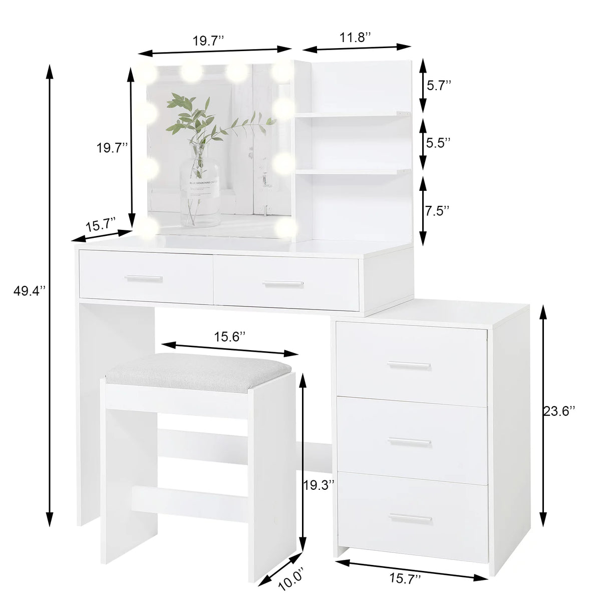Large Vanity Set with 10 LED Lights, 3-Drawer Chest, Cushioned Stool, White E603122