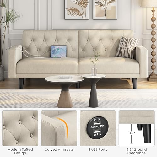 Beige Convertible Sofa Bed with USB Q129589