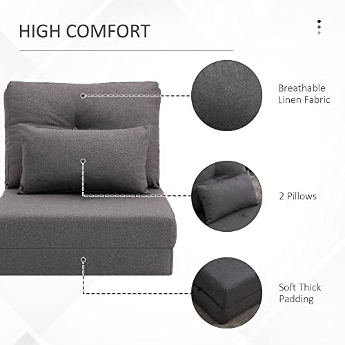 Convertible Flip Chair Floor Lazy Sofa Folding Upholstered Couch Bed with Adjustable Backrest Metal Frame and Pillows Dark Grey D7958