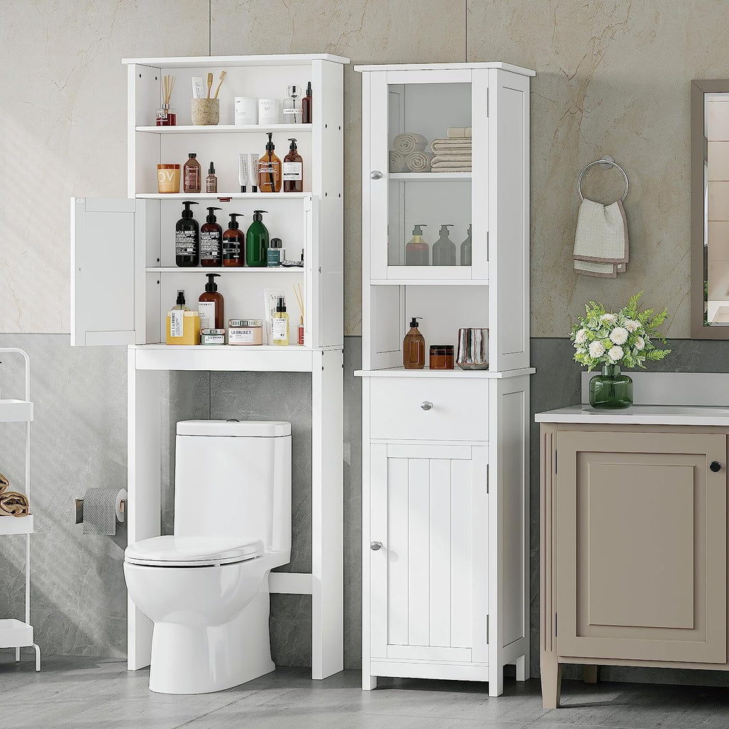 White Tall Bathroom Floor Cabinet with Glass Doors K144904