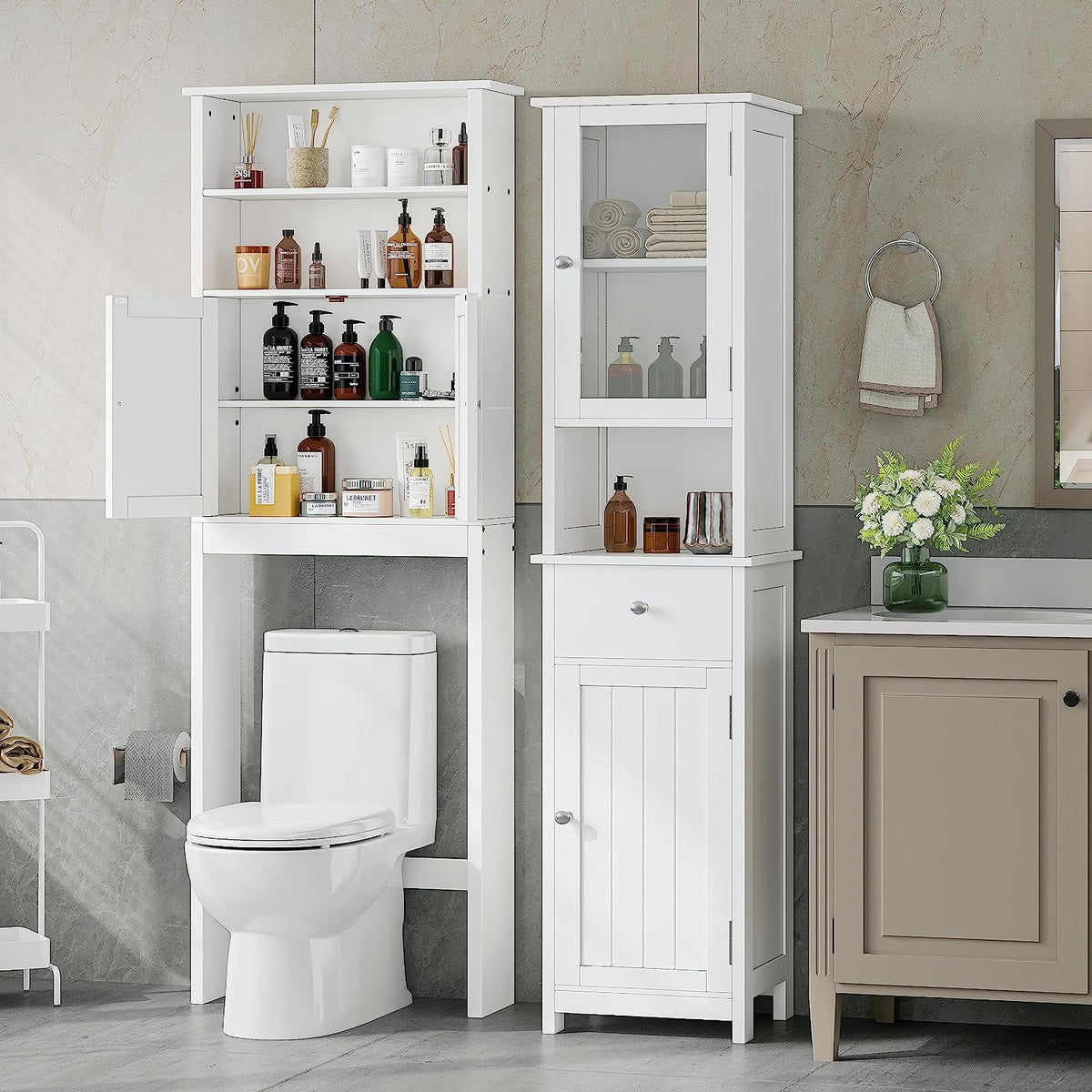 White Tall Bathroom Floor Cabinet with Glass Doors K144904
