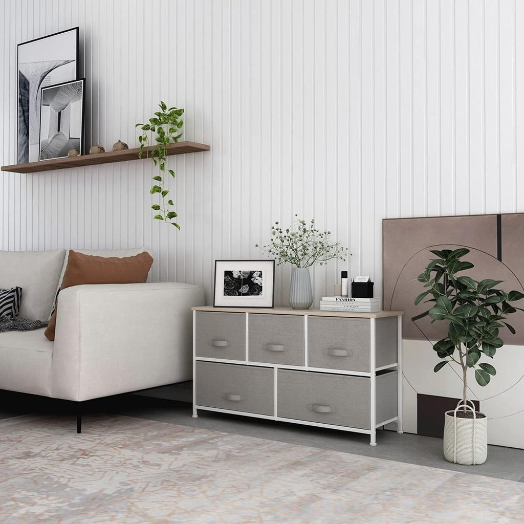 Light grey 8 Drawer Fabric Dresser with Steel Frame and Wooden Top T72017