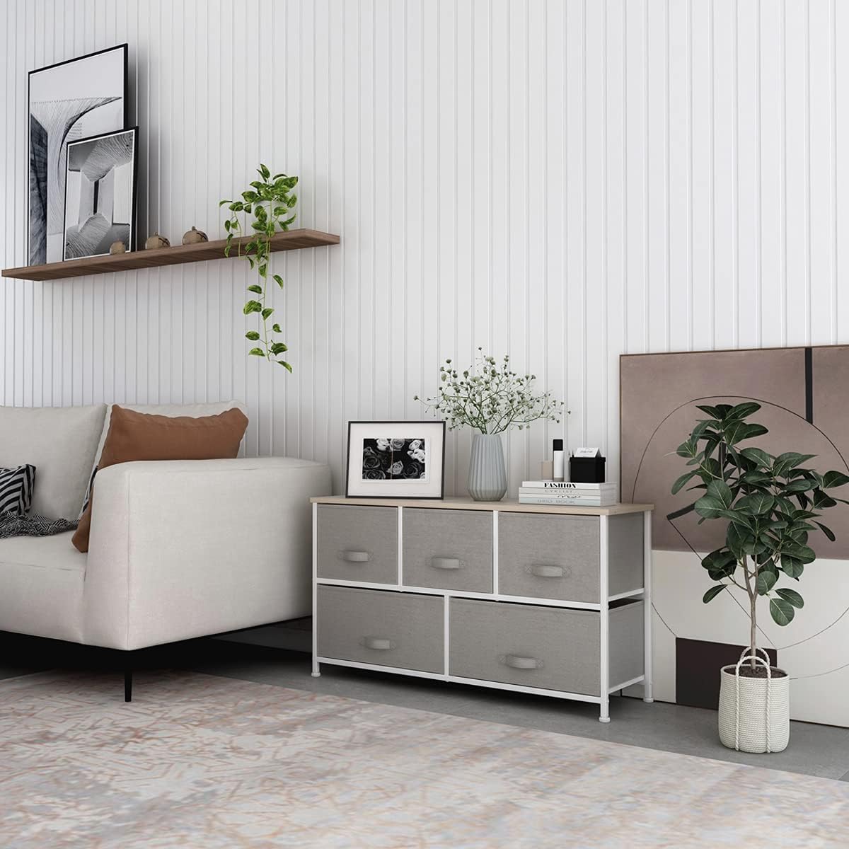 Light grey 8 Drawer Fabric Dresser with Steel Frame and Wooden Top T72017