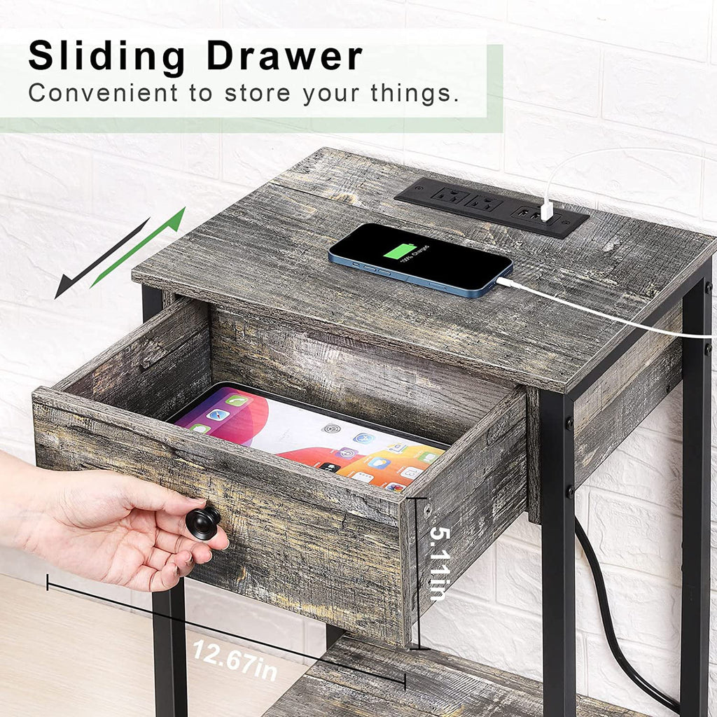 Gray Nightstand End Table with Charging Station and Drawer K57900