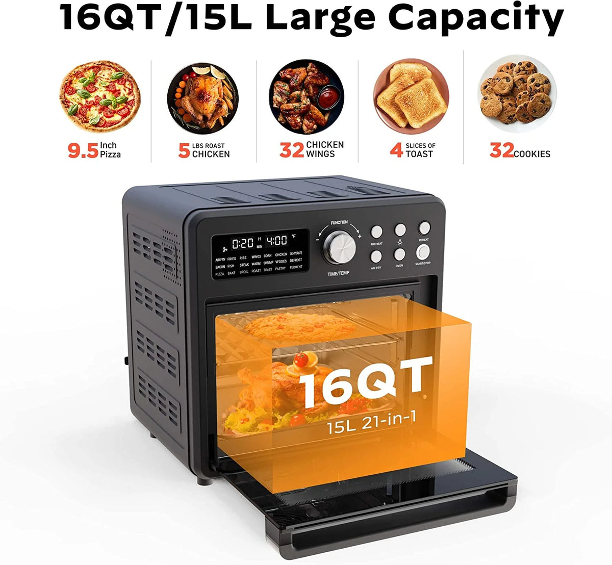 16 Quart 21-in-1 Air Fryer Toaster Oven Combo, 1600W, Black N6756